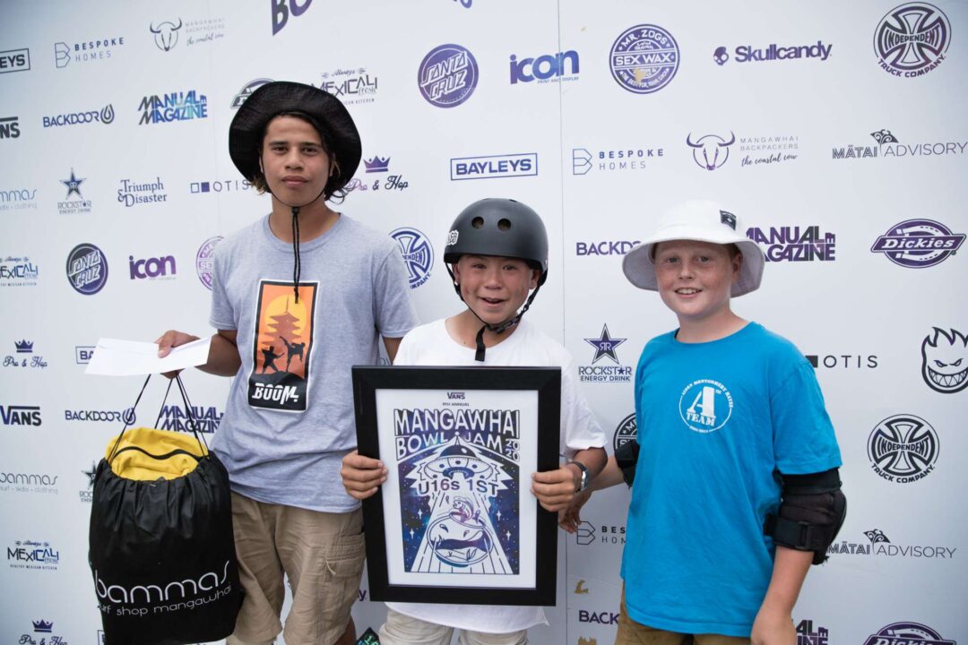 Under 16 winners. Rico Henare (2nd), Zedyn Boyd (1st) and Liam Hayes (3rd). Photo by Scott Sinton.